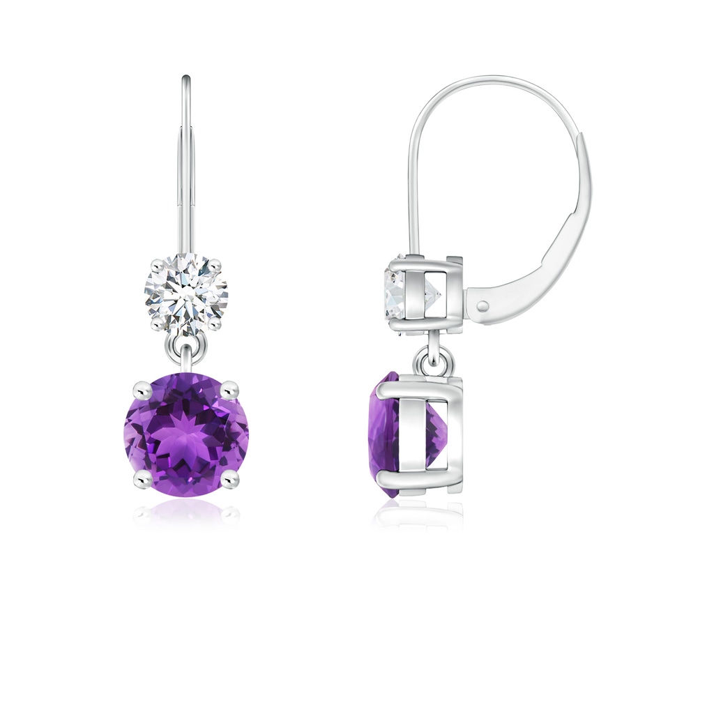 5mm AAA Round Amethyst Leverback Dangle Earrings with Diamond in White Gold