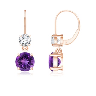 6mm AAAA Round Amethyst Leverback Dangle Earrings with Diamond in Rose Gold
