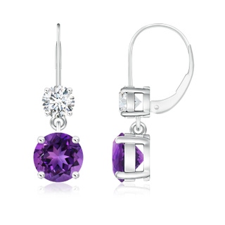7mm AAAA Round Amethyst Leverback Dangle Earrings with Diamond in P950 Platinum