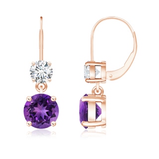 7mm AAAA Round Amethyst Leverback Dangle Earrings with Diamond in Rose Gold