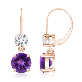 8mm AAAA Round Amethyst Leverback Dangle Earrings with Diamond in 9K Rose Gold