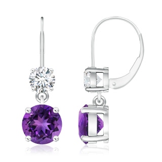 8mm AAAA Round Amethyst Leverback Dangle Earrings with Diamond in P950 Platinum