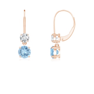 4mm AAA Round Aquamarine Leverback Dangle Earrings with Diamond in 9K Rose Gold