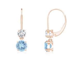 4mm AAA Round Aquamarine Leverback Dangle Earrings with Diamond in Rose Gold