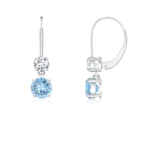 4mm AAA Round Aquamarine Leverback Dangle Earrings with Diamond in White Gold