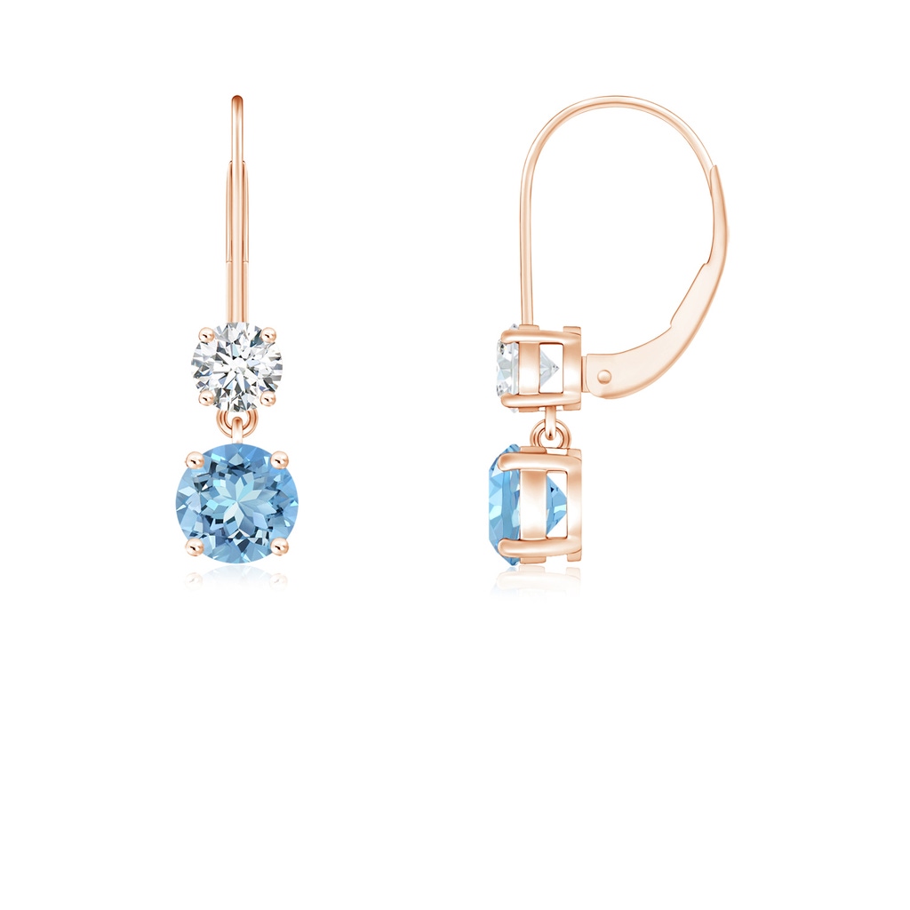 4mm AAAA Round Aquamarine Leverback Dangle Earrings with Diamond in Rose Gold