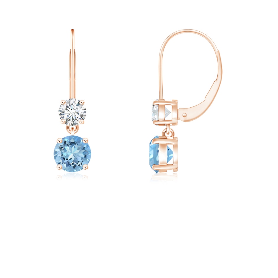 4mm AAAA Round Aquamarine Leverback Dangle Earrings with Diamond in Rose Gold 