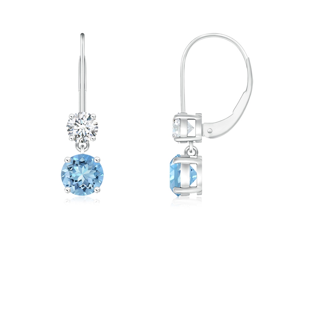4mm AAAA Round Aquamarine Leverback Dangle Earrings with Diamond in White Gold