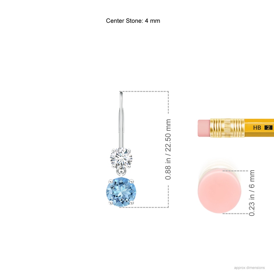 4mm AAAA Round Aquamarine Leverback Dangle Earrings with Diamond in White Gold ruler