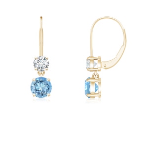 4mm AAAA Round Aquamarine Leverback Dangle Earrings with Diamond in Yellow Gold