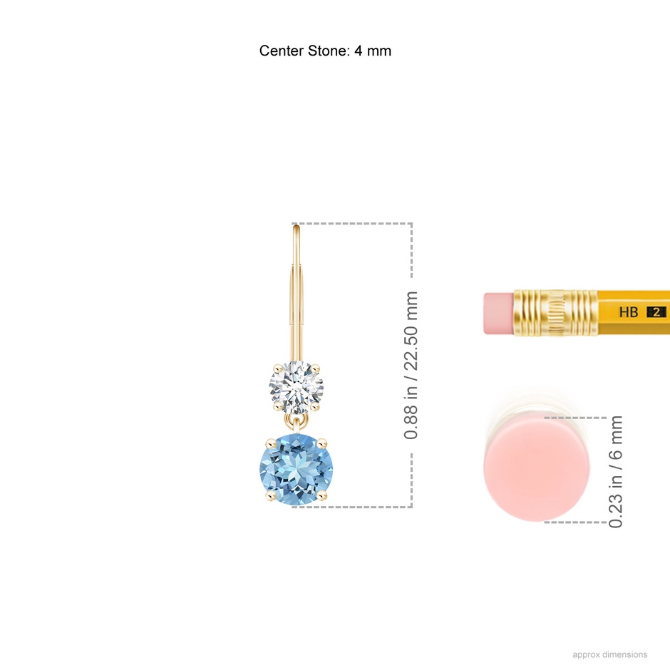 4mm AAAA Round Aquamarine Leverback Dangle Earrings with Diamond in Yellow Gold ruler
