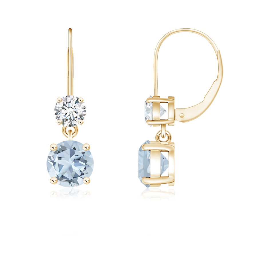 5mm A Round Aquamarine Leverback Dangle Earrings with Diamond in Yellow Gold 