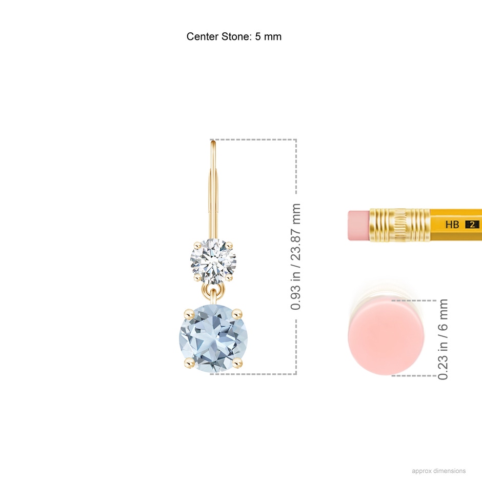 5mm A Round Aquamarine Leverback Dangle Earrings with Diamond in Yellow Gold ruler