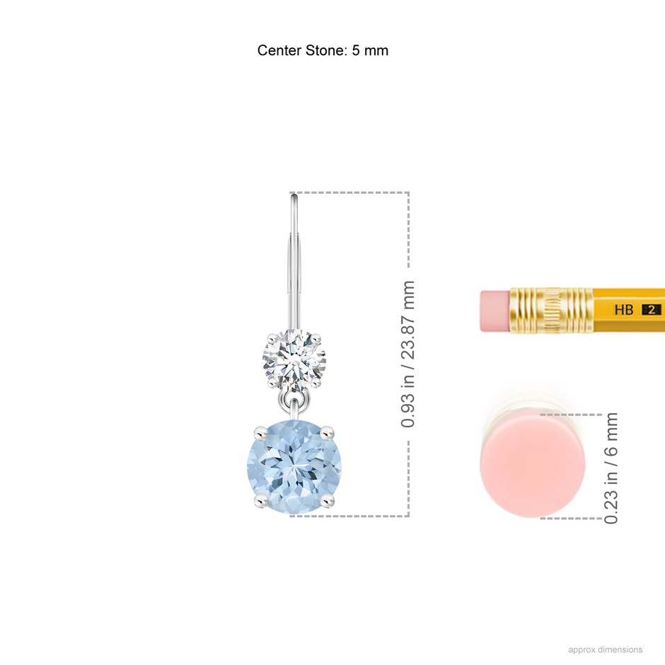 5mm AA Round Aquamarine Leverback Dangle Earrings with Diamond in White Gold ruler