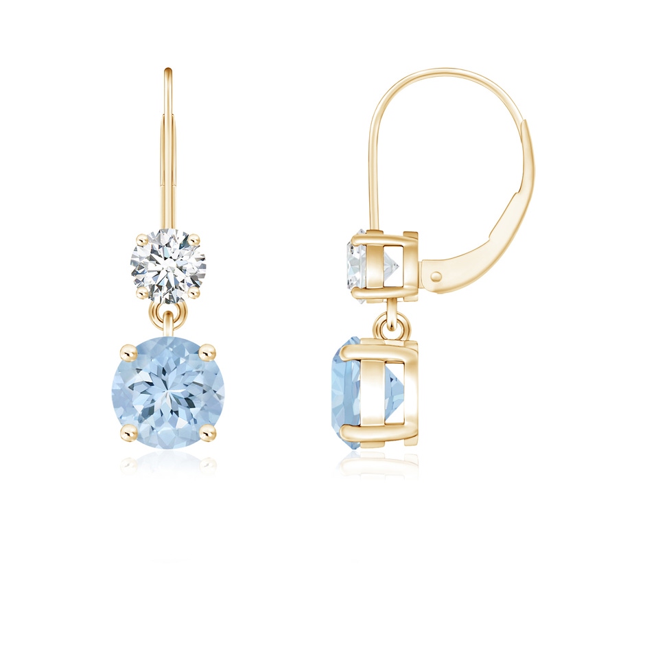 5mm AA Round Aquamarine Leverback Dangle Earrings with Diamond in Yellow Gold 