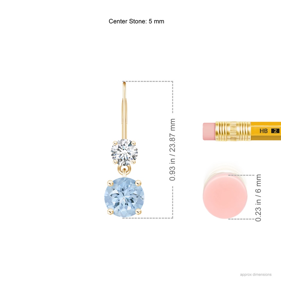 5mm AA Round Aquamarine Leverback Dangle Earrings with Diamond in Yellow Gold ruler
