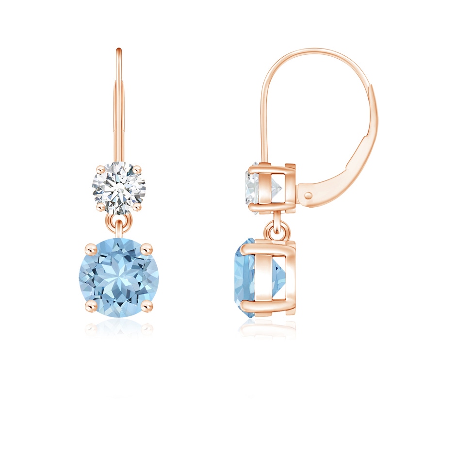 5mm AAA Round Aquamarine Leverback Dangle Earrings with Diamond in Rose Gold 