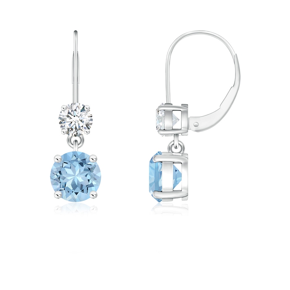 5mm AAA Round Aquamarine Leverback Dangle Earrings with Diamond in White Gold 