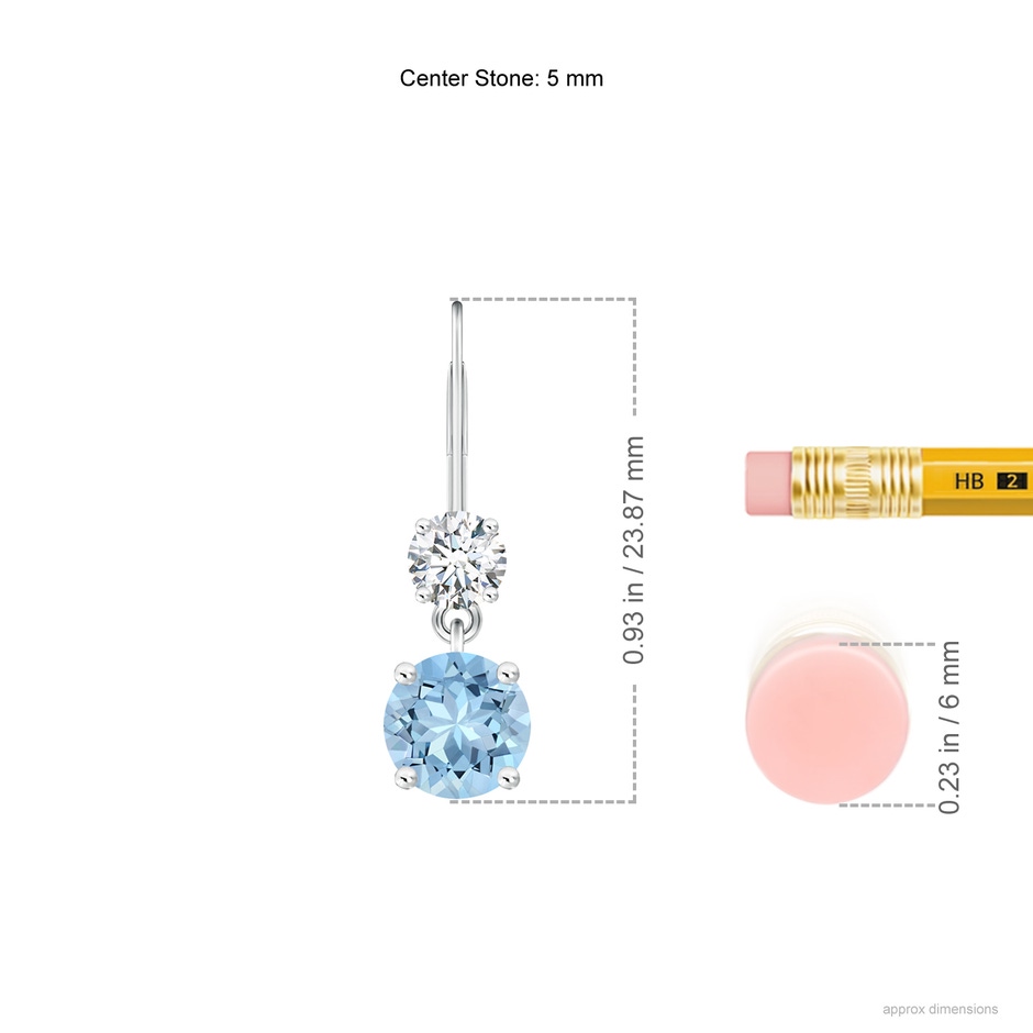 5mm AAA Round Aquamarine Leverback Dangle Earrings with Diamond in White Gold ruler
