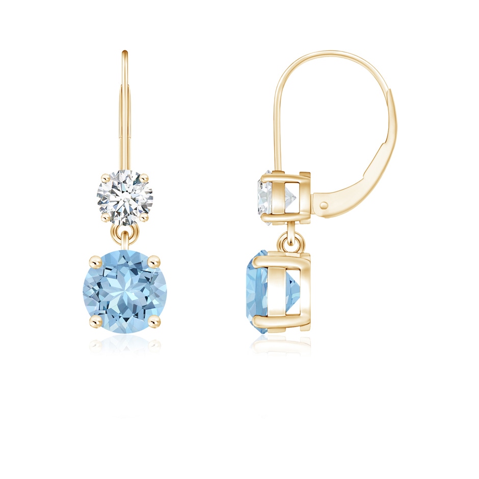 5mm AAA Round Aquamarine Leverback Dangle Earrings with Diamond in Yellow Gold 