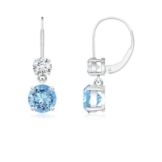 5mm AAAA Round Aquamarine Leverback Dangle Earrings with Diamond in P950 Platinum