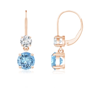 5mm AAAA Round Aquamarine Leverback Dangle Earrings with Diamond in Rose Gold