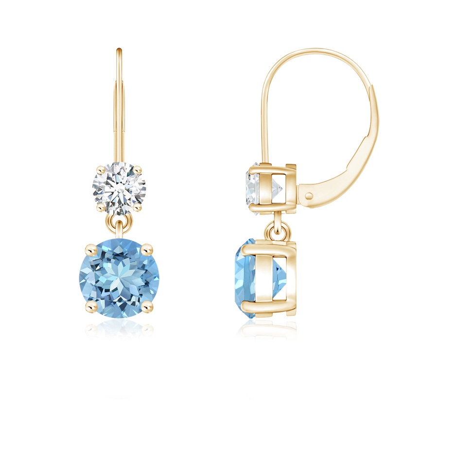 5mm AAAA Round Aquamarine Leverback Dangle Earrings with Diamond in Yellow Gold 
