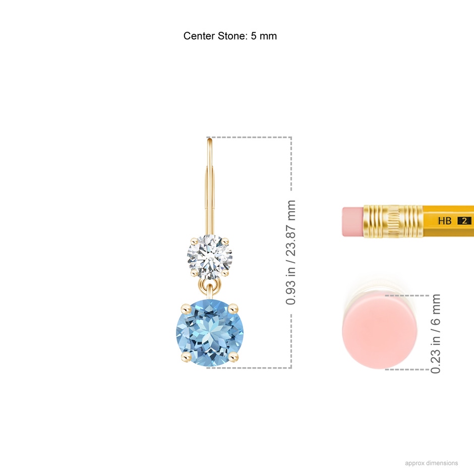 5mm AAAA Round Aquamarine Leverback Dangle Earrings with Diamond in Yellow Gold ruler