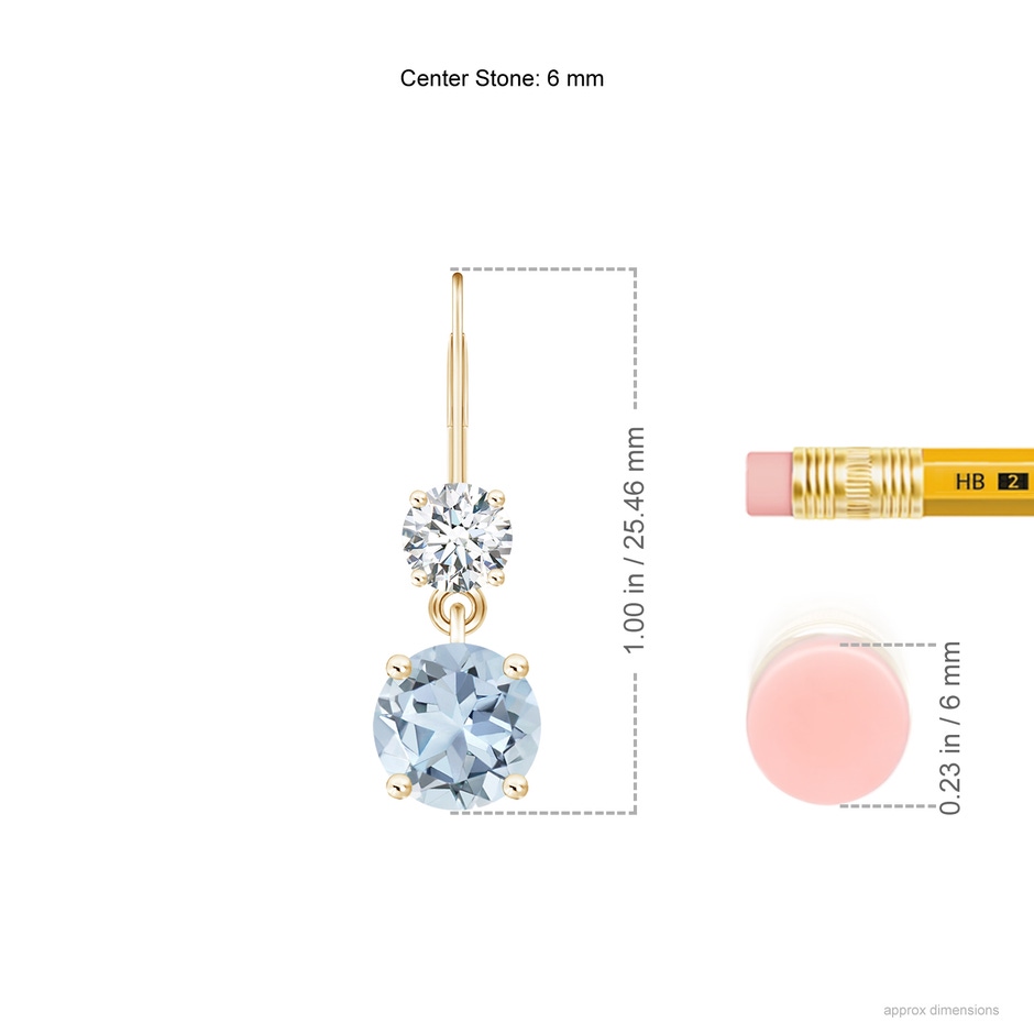 6mm A Round Aquamarine Leverback Dangle Earrings with Diamond in Yellow Gold ruler