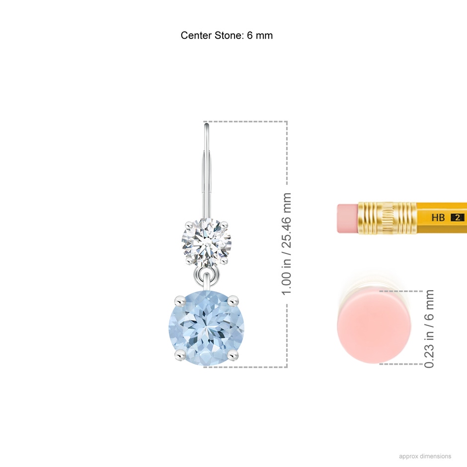 6mm AA Round Aquamarine Leverback Dangle Earrings with Diamond in White Gold ruler