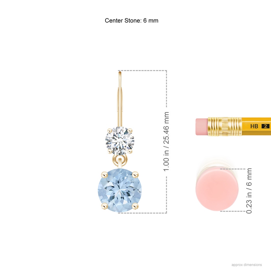 6mm AA Round Aquamarine Leverback Dangle Earrings with Diamond in Yellow Gold ruler
