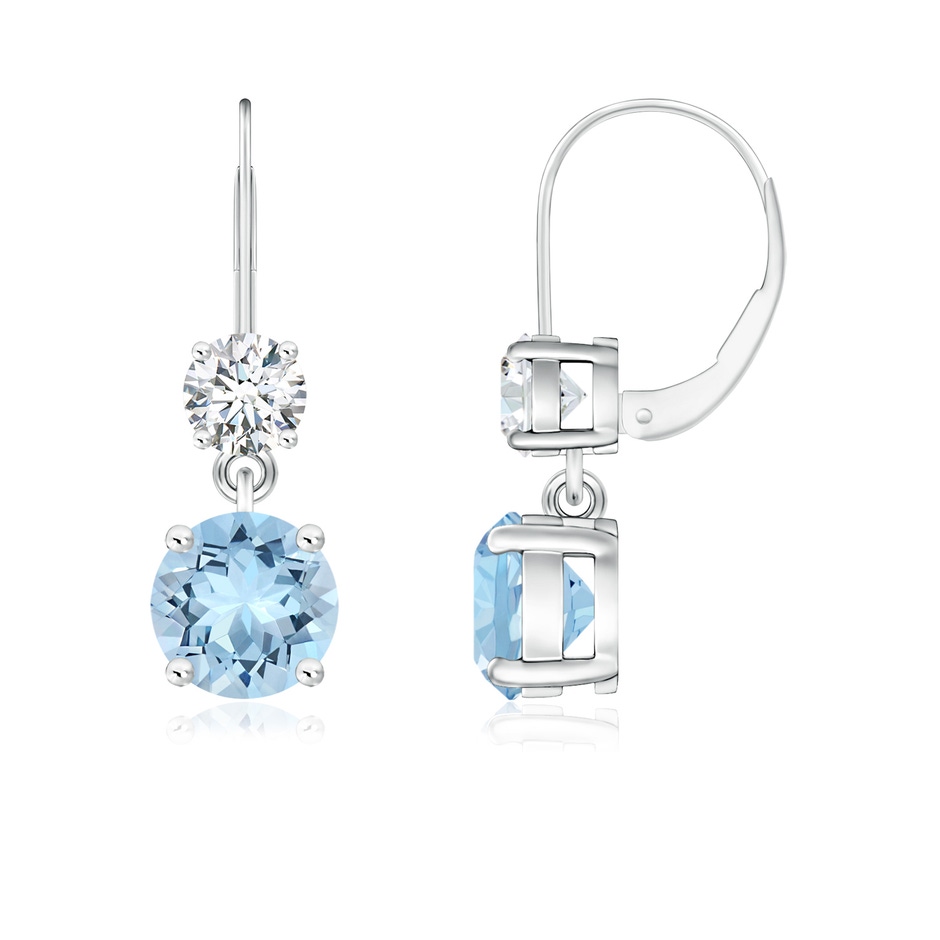 6mm AAA Round Aquamarine Leverback Dangle Earrings with Diamond in White Gold 