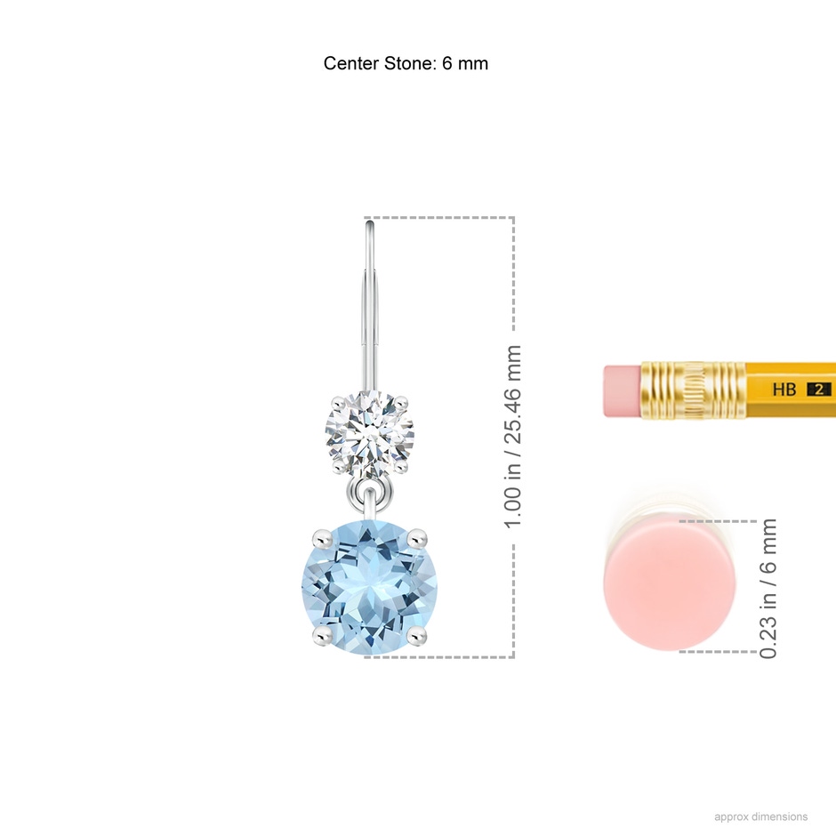6mm AAA Round Aquamarine Leverback Dangle Earrings with Diamond in White Gold ruler