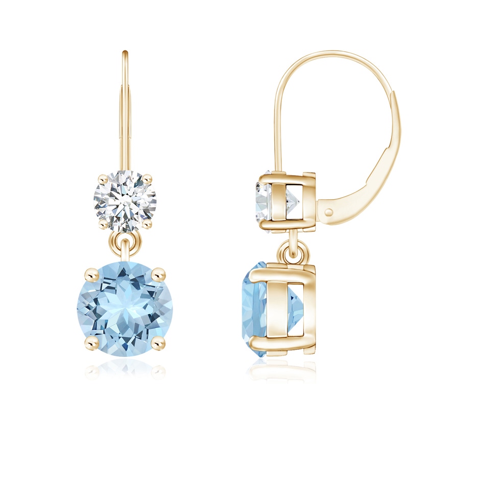 6mm AAA Round Aquamarine Leverback Dangle Earrings with Diamond in Yellow Gold 