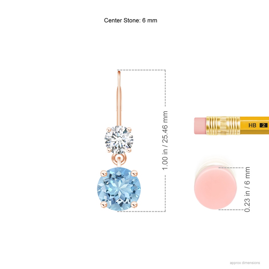 6mm AAAA Round Aquamarine Leverback Dangle Earrings with Diamond in Rose Gold ruler