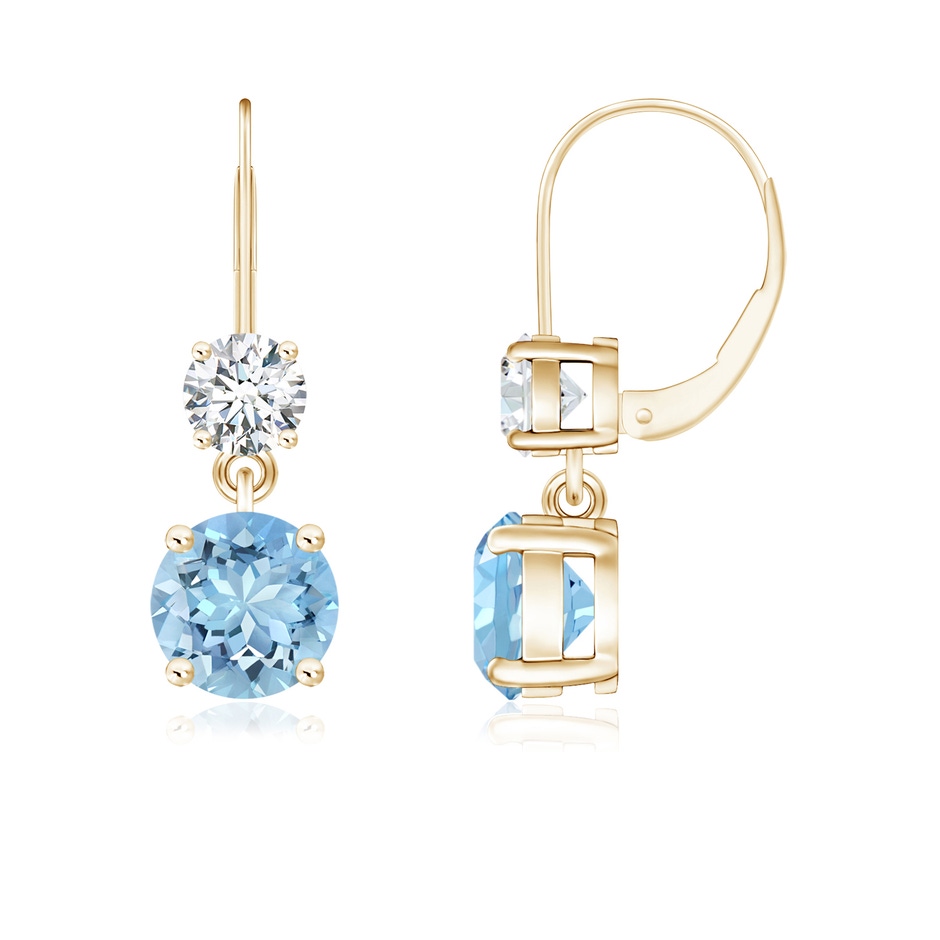 6mm AAAA Round Aquamarine Leverback Dangle Earrings with Diamond in Yellow Gold 