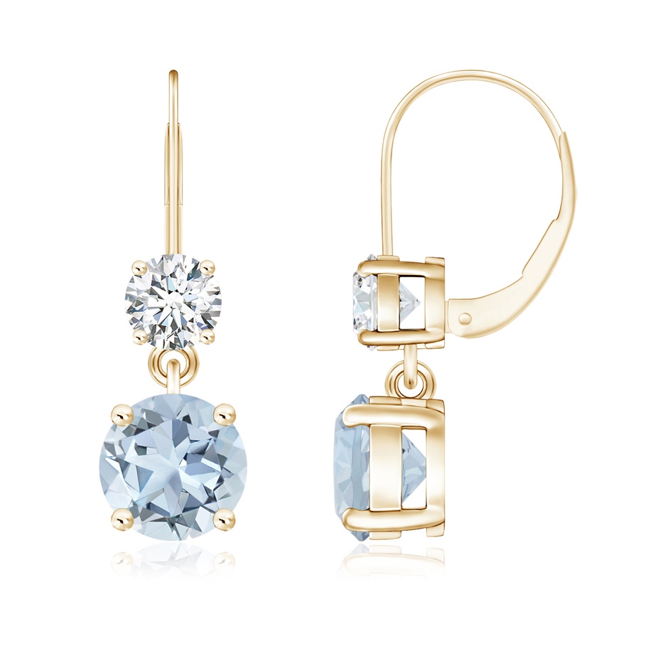 7mm A Round Aquamarine Leverback Dangle Earrings with Diamond in Yellow Gold 