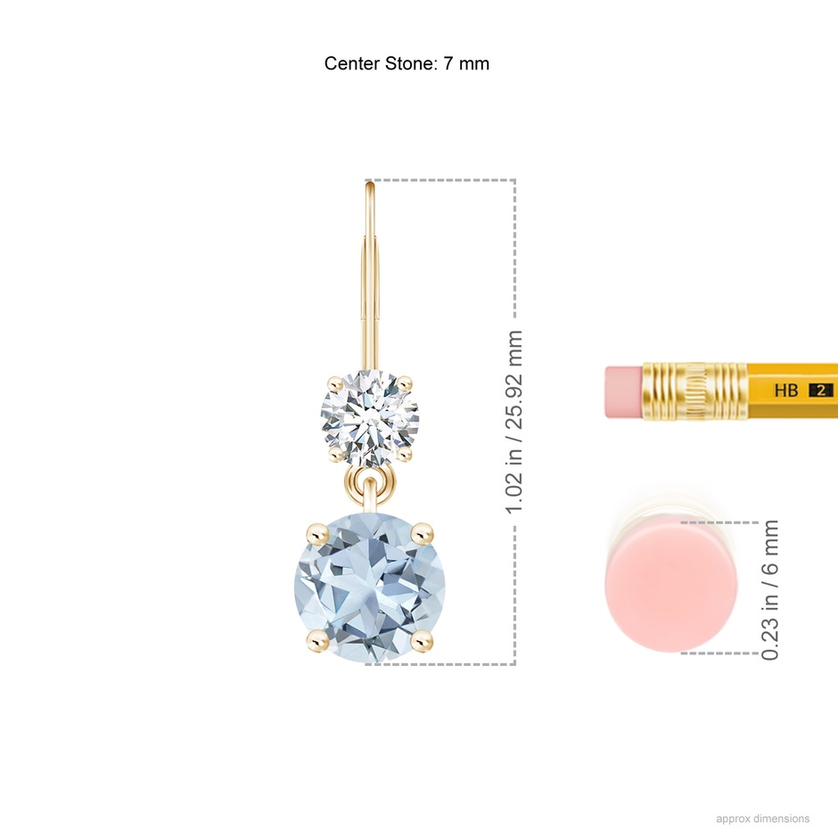 7mm A Round Aquamarine Leverback Dangle Earrings with Diamond in Yellow Gold ruler