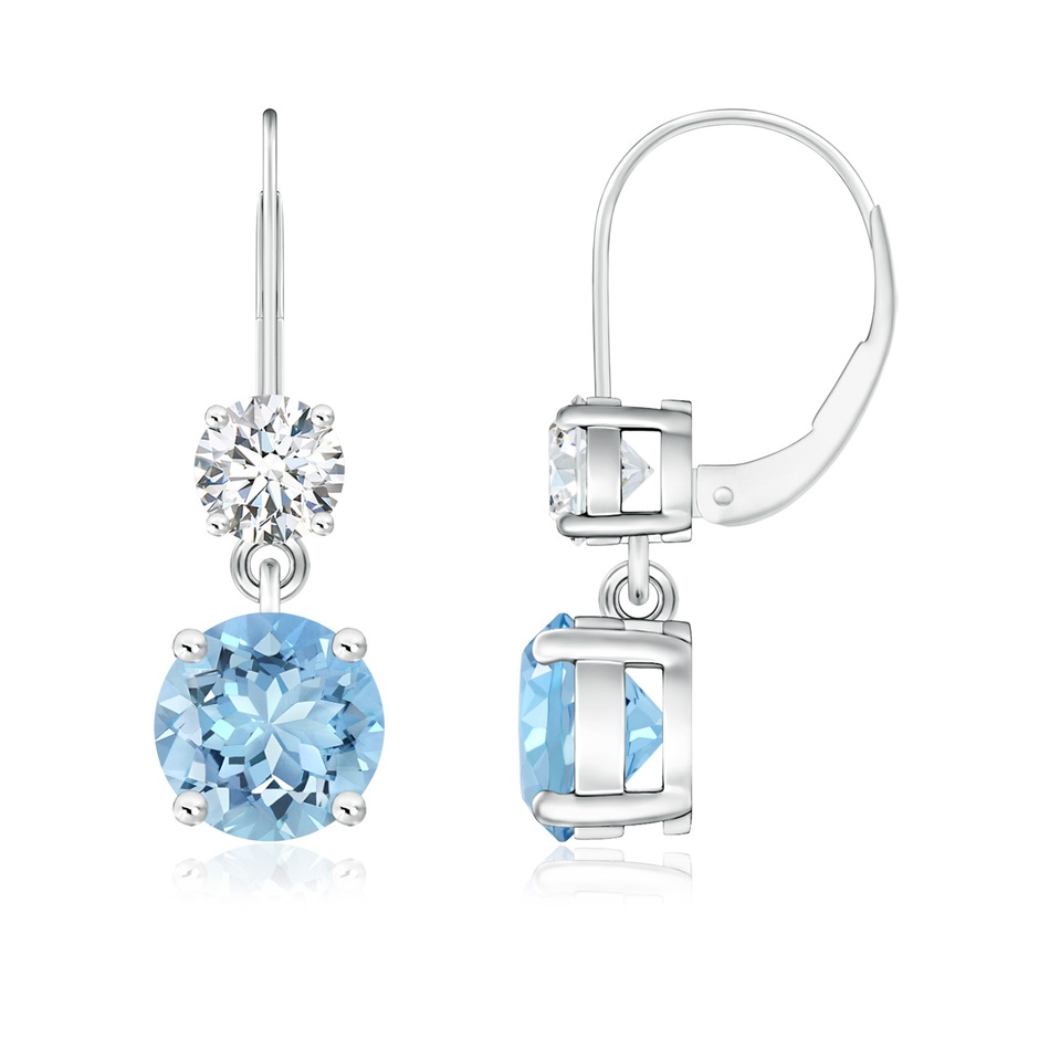 7mm AAAA Round Aquamarine Leverback Dangle Earrings with Diamond in P950 Platinum 