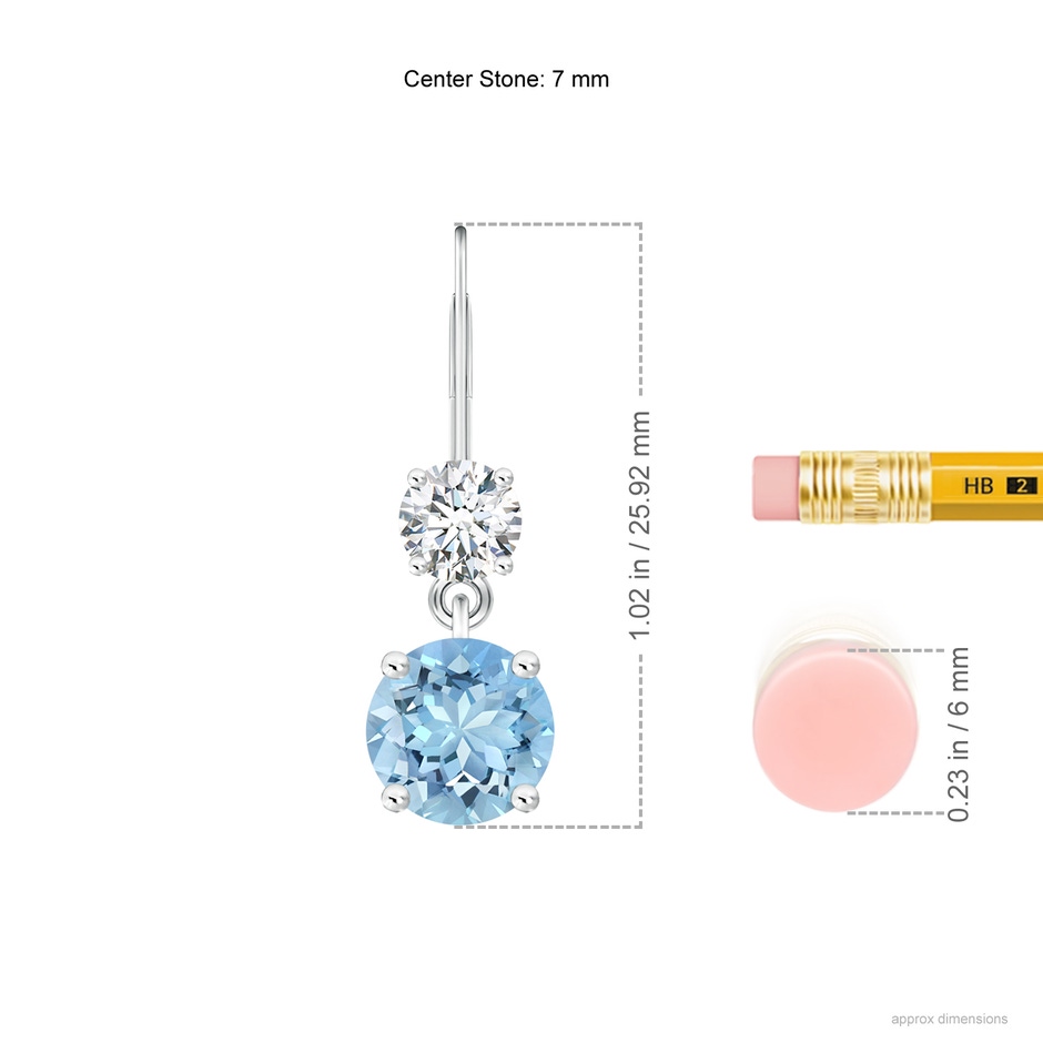7mm AAAA Round Aquamarine Leverback Dangle Earrings with Diamond in P950 Platinum ruler