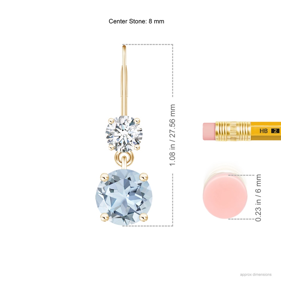 8mm A Round Aquamarine Leverback Dangle Earrings with Diamond in Yellow Gold ruler