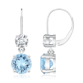 8mm AAA Round Aquamarine Leverback Dangle Earrings with Diamond in P950 Platinum