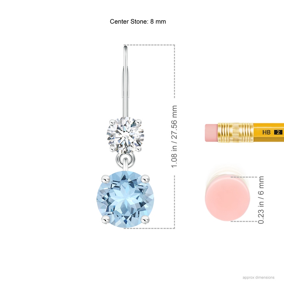8mm AAA Round Aquamarine Leverback Dangle Earrings with Diamond in P950 Platinum ruler