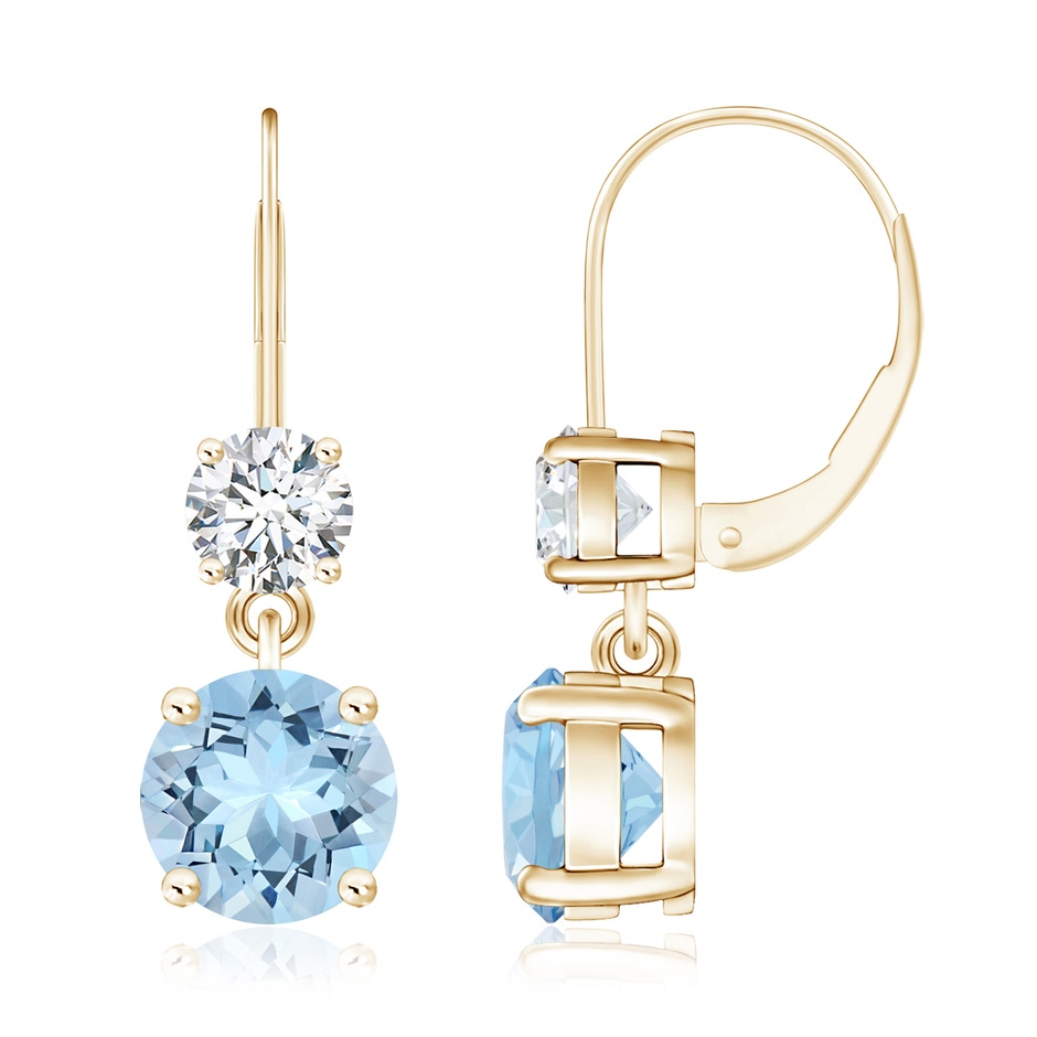 8mm AAA Round Aquamarine Leverback Dangle Earrings with Diamond in Yellow Gold 