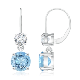 8mm AAAA Round Aquamarine Leverback Dangle Earrings with Diamond in P950 Platinum