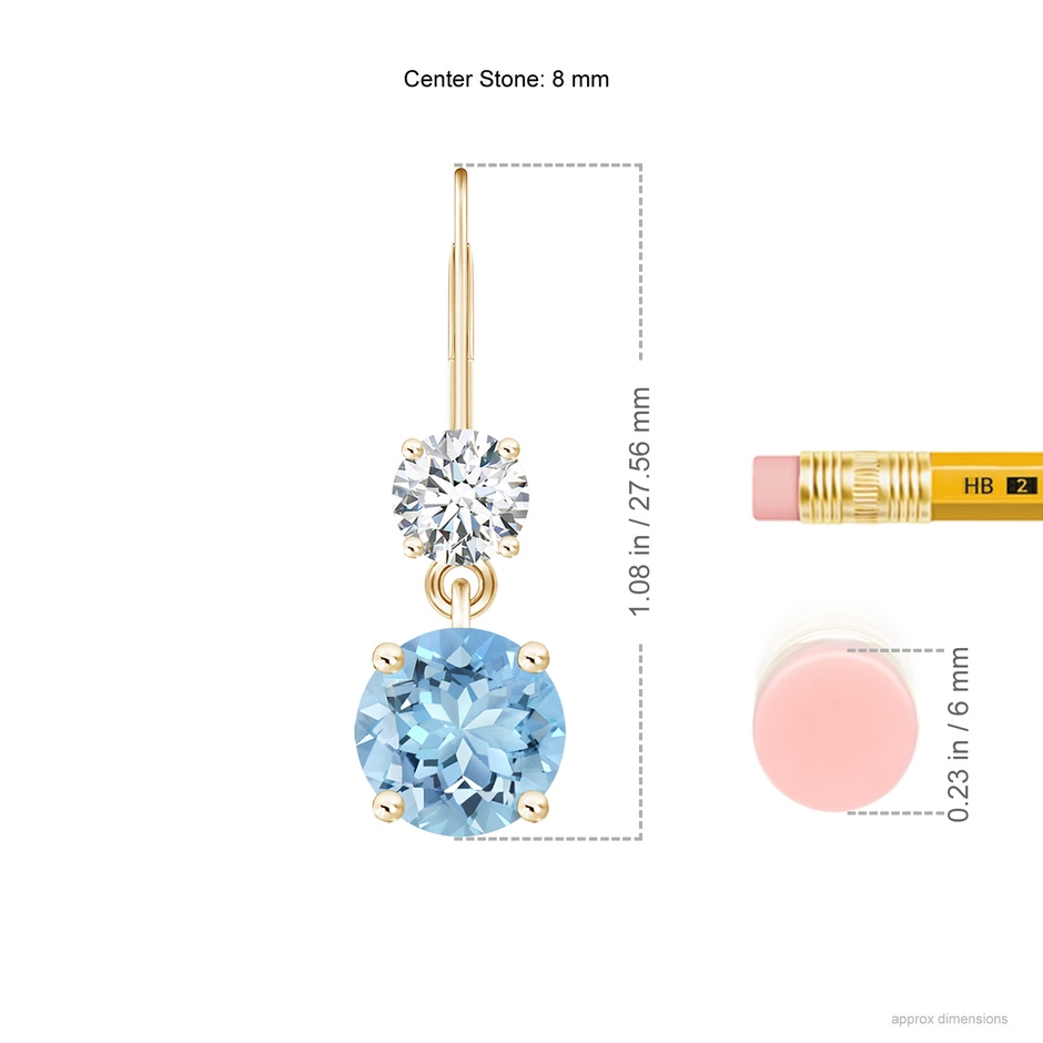 8mm AAAA Round Aquamarine Leverback Dangle Earrings with Diamond in Yellow Gold ruler