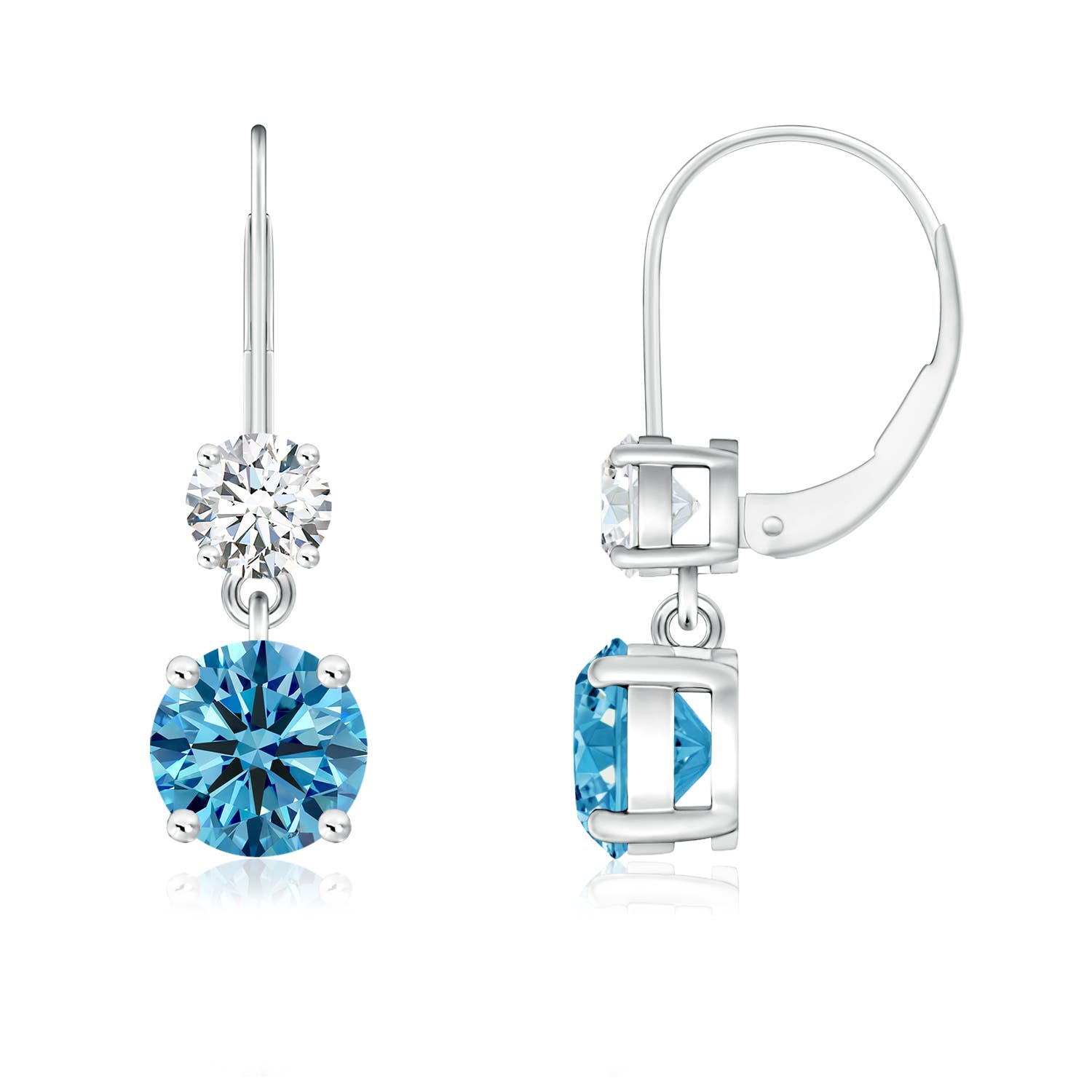 5mm AAAA Round Fancy Intense Blue Diamond Leverback Dangle Earrings in 18K White Gold