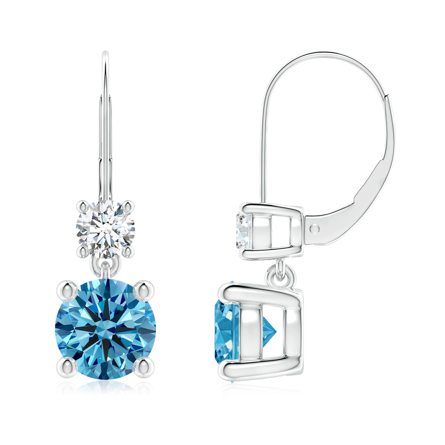 7mm AAAA Round Fancy Intense Blue Diamond Leverback Dangle Earrings in 18K White Gold