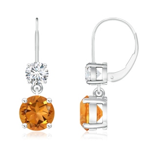 6mm AAA Round Citrine Leverback Dangle Earrings with Diamond in White Gold