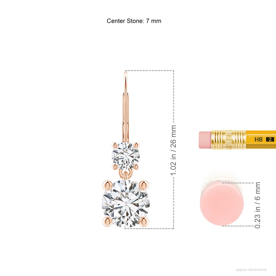 7mm HSI2 Round Diamond Leverback Dangle Earrings with Diamond in Rose Gold ruler